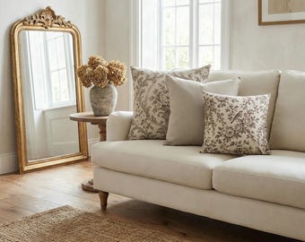 Antique Taupe Pillow Cover Set of 3, Bird Toile, Floral Damask and Oatmeal Solid, French Country Neutral Throw Pillow Covers