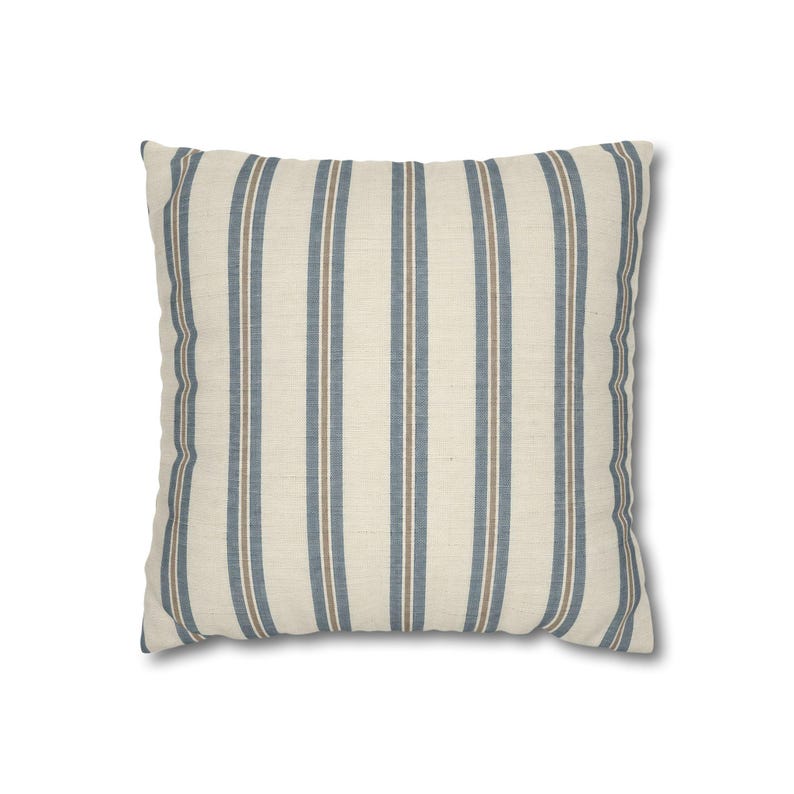 Slate blue ticking stripe square pillow cover on a plain white background.