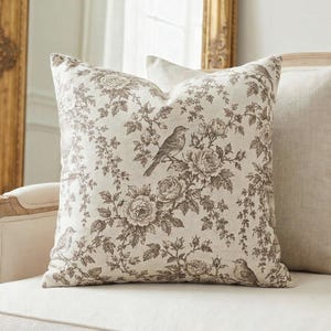 Taupe Toile Pillow Cover, Antique Bird and Rose Toile de Jouy Throw Pillow, Neutral French Country Cream Cottage Cushion Cover