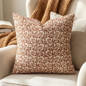 Rust Floral Pillow Cover, Brown Cream Botanical Throw Pillow, Artisan Block Print Cushion, Fall Cottage Couch Decor, Earthy Boho Pillow