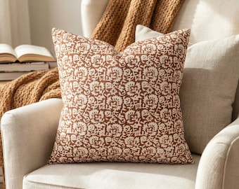 Rust Floral Pillow Cover, Brown Cream Botanical Throw Pillow, Artisan Block Print Cushion, Fall Cottage Couch Decor, Earthy Boho Pillow