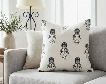 Sofa Accent Pillow, Cream Botanical Block Print Cushion Cover in Seven Sizes