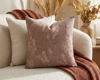 Brown Botanical Pillow Cover, Cream Fern Throw Pillow, Mauve Earth Tone Cushion Cover, Neutral Boho Farmhouse Couch Decor
