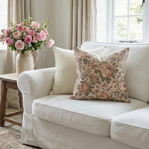 Vintage Rose Chintz Pillow Cover, Faded Dusty Rose and Sage Floral Throw Pillow, French Cottage Cream Cushion Cover