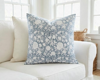 Blue Floral Pillow, 100% Polyester Cushion Cover with White Botanical Chintz Print
