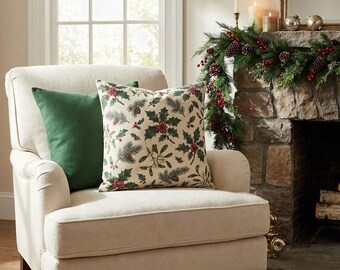 Holly Christmas Pillow Cover, Vintage Botanical Holly and Berry Throw Pillow, Red Green Cream French Cottage Holiday Cushion