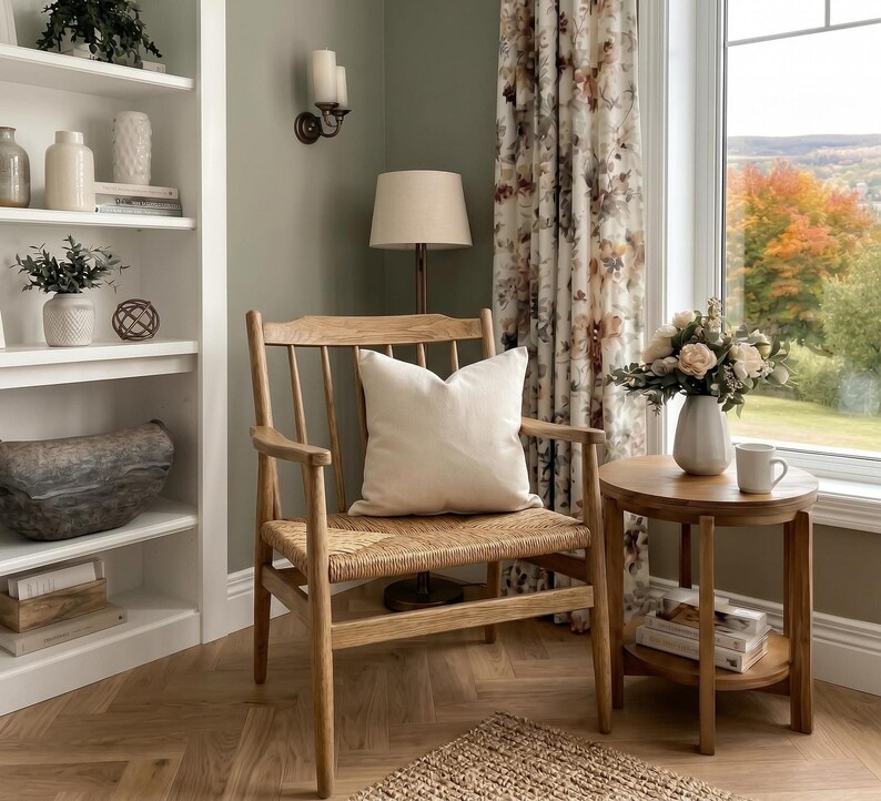 A wooden armchair with a woven seat and a solid ivory cushion, set in a cozy room with bookshelves and a window.