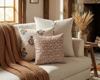 Earthy Block Print Pillow Cover Set of 3, Terracotta Floral, Rust Floral and Taupe Ticking Stripe, Fall Cottage Throw Pillow Covers