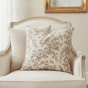 Taupe bird and rose toile pillow styled with a solid oatmeal linen pillow on a bergere chair