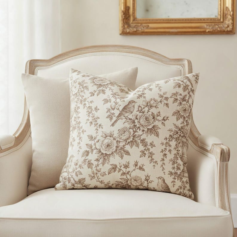 Taupe bird and rose toile pillow styled with a solid oatmeal linen pillow on a bergere chair