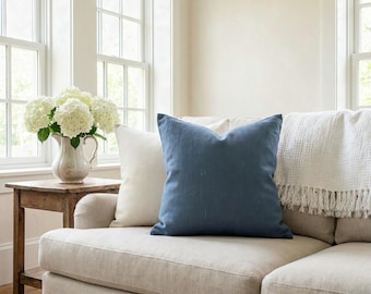 Solid Slate Blue Pillow Cover, French Country Blue Linen Look Throw Pillow, Dusty Blue Cottage Cushion Cover