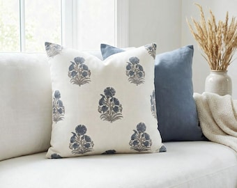 Double Sided Block Print Pillow Cover, Blue Cream Floral Botanical Throw Pillow, Linen Look Cushion Cover, Cottage Decor