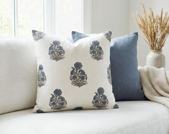 Featured listing image: Double Sided Block Print Pillow Cover, Blue Cream Floral Botanical Throw Pillow, Linen Look Cushion Cover, Cottage Decor
