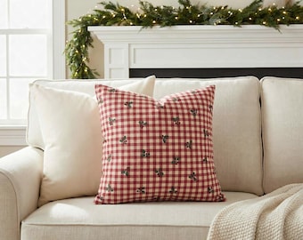 Red Gingham Christmas Pillow Cover, Cranberry Check with Holly Sprigs Throw Pillow, French Farmhouse Cottage Holiday Cushion