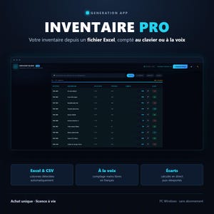 May include: A dark-themed software interface titled INVENTAIRE PRO, displaying an inventory management dashboard with columns for references, descriptions, and counts. The layout includes text labels for Excel and CSV integration, voice counting, and discrepancy tracking features.