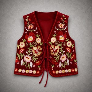 Könnte beinhalten: Eine dunkelrote ärmellose Weste mit aufwendigen Blumenstickereien in Rosa, Gelb, Weiß und Grün. Das Kleidungsstück hat einen V-Ausschnitt und zwei passende rote Stoffbänder in der vorderen Mitte zum Binden sowie einen gewellten Saum.