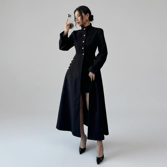 Vintage Military Style Long Coat, Victorian Maxi Coat Women, Elegant Wool Dress Coat with Gold Buttons, Statement High Collar Winter Coat
