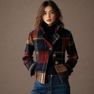 Puede incluir: Una chaqueta de cuadros que presenta una mezcla de colores azul oscuro, rojo y tostado con un cuello estructurado y tres botones grandes en la parte delantera. La chaqueta se lleva sobre un suéter de cuello alto negro y vaqueros azul oscuro.
