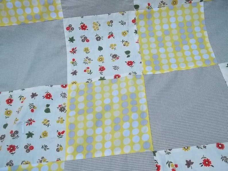 Yellow Gray Blanket Quilt Throw Polka Dots Vintage Flowers Plaid Cottage Chic Reversible