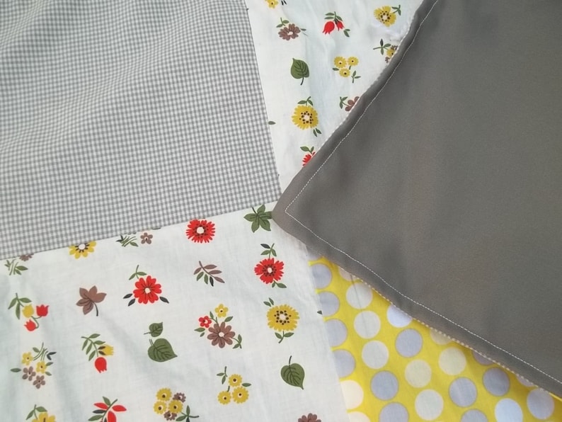 Yellow Gray Blanket Quilt Throw Polka Dots Vintage Flowers Plaid Cottage Chic Reversible