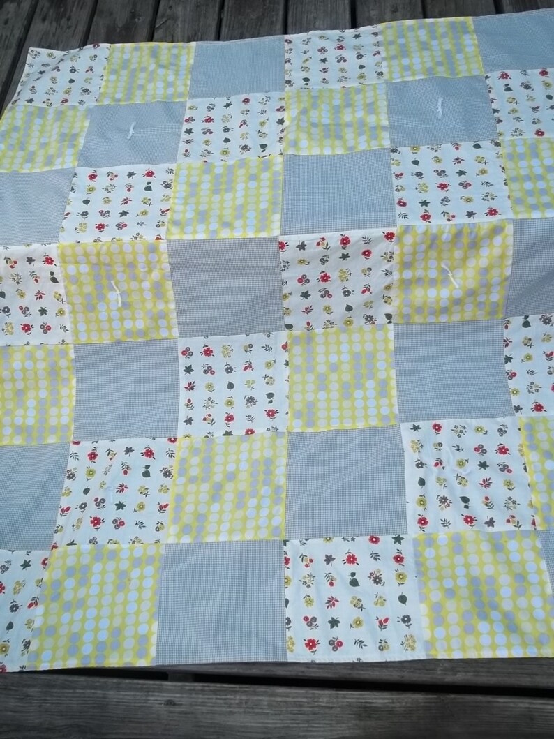 Yellow Gray Blanket Quilt Throw Polka Dots Vintage Flowers Plaid Cottage Chic Reversible