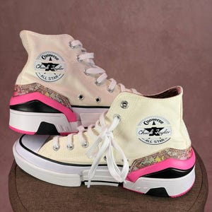 White High-Top Chunky Sole Sneakers with Pink Heel Pull Amazon.com | Cute Chunky Sole Love Heart Aesthetic Shoes  main image 3
