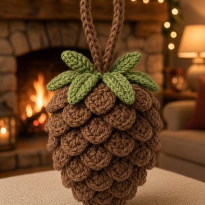 May include: A brown crocheted pinecone ornament featuring a textured, layered scale pattern and a green crocheted leaf topper. The ornament includes a brown crocheted loop at the top for hanging, crafted with thick yarn to mimic the appearance of a natural pinecone.