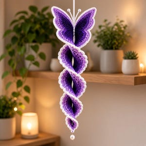Könnte beinhalten: Eine hängende Häkeldekoration mit einem violetten Schmetterling an der Spitze, der in einen spiralförmigen, mehrschichtigen violett-weißen Schwanz übergeht. Das Stück ist an einer weißen Schnur befestigt und endet mit einer weißen Perle.