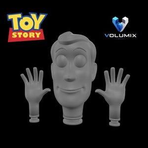 Puede incluir: Un modelo 3D gris sin pintar de una cabeza de personaje y dos manos, con el logotipo de Toy Story en la esquina superior izquierda y el logotipo de Volumix en la esquina superior derecha, todo sobre un fondo negro sólido.