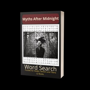 May include: A paperback book titled Myths After Midnight Word Search Puzzles for Adults, Seniors and Teens by LZ Books. The cover features a dark, monochromatic forest scene with a central figure wearing a mask and a grid of letters for a word search.