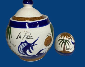 Vintage Mexican Pottery Sugar Bowl with Lid and Shaker Set La Paz Blue Marlin Palm Tree Ceramic