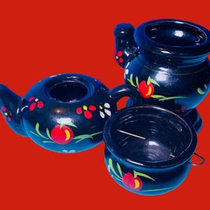 Vintage ACME Japan Black Hand Painted Miniature Teapot and Bowl Set - Mid Century Ceramic Dollhouse Display Kitsch