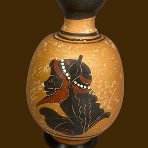 Brocca/vaso replica vintage greca a figure nere di Lekythos, ceramica dell'antica Grecia