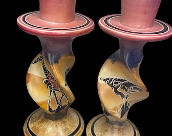 Vintage Hand Carved Soapstone Giraffe Candlestick Holders Pair - 1990s African Boho Decor