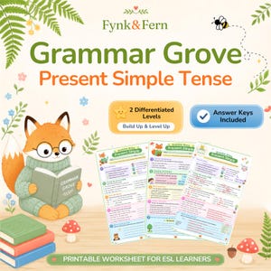 Op de afbeelding: Een printbare werkbladenset voor ESL-leerders getiteld Grammar Grove Present Simple Tense. Het ontwerp bevat een cartoonvos met een bril die een boek leest, omringd door botanische illustraties, paddenstoelen en tekst.