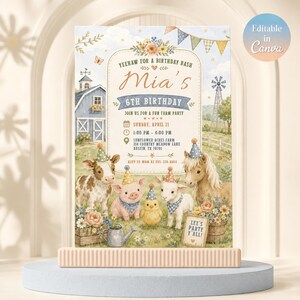 Pode incluir: Um convite de aniversário retangular com uma cena de fazenda, um celeiro, um moinho de vento e animais com chapéus de festa. O texto inclui 'Mia's 6th Birthday', data, hora e local. O design é decorado com flores e bandeirolas.