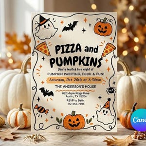May include: A rectangular invitation card with a cream background featuring the text PIZZA and PUMPKINS. Illustrations include ghosts, pumpkins, bats, pizza slices, and candy. Details include Saturday, Oct 20th at 6:30pm, The Anderson's House, 832 Maple Ridge Drive, Austin, TX 78704, and RSVP to 512-555-7398.
