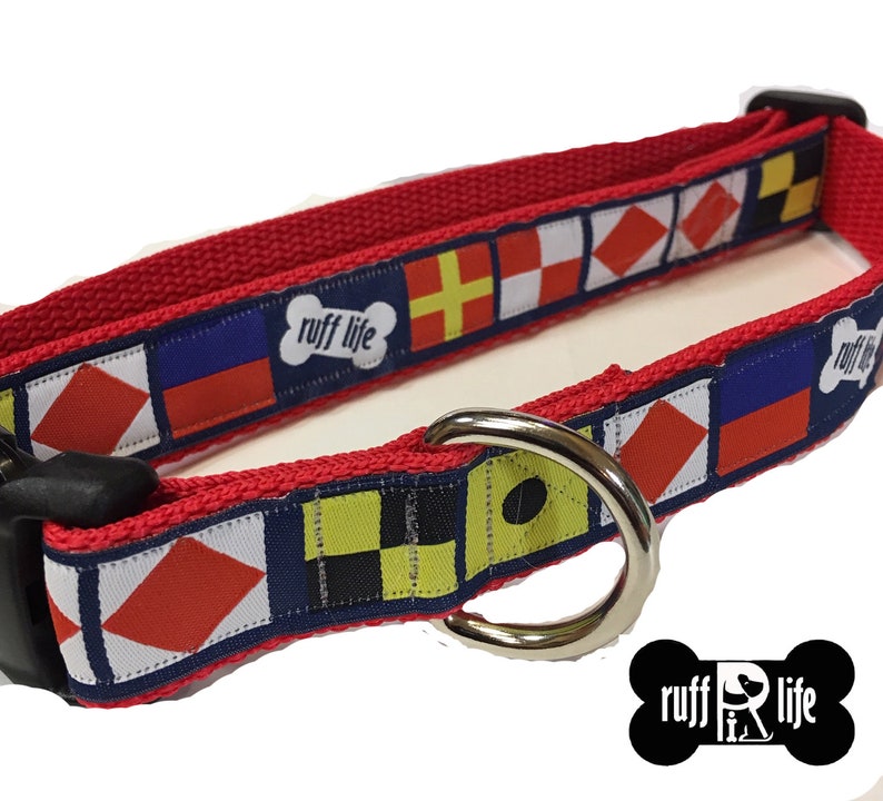 Ruff Life/'s Nautical heavy duty dog collar with Jacquard ribbon and heavy red polypropylene webbing