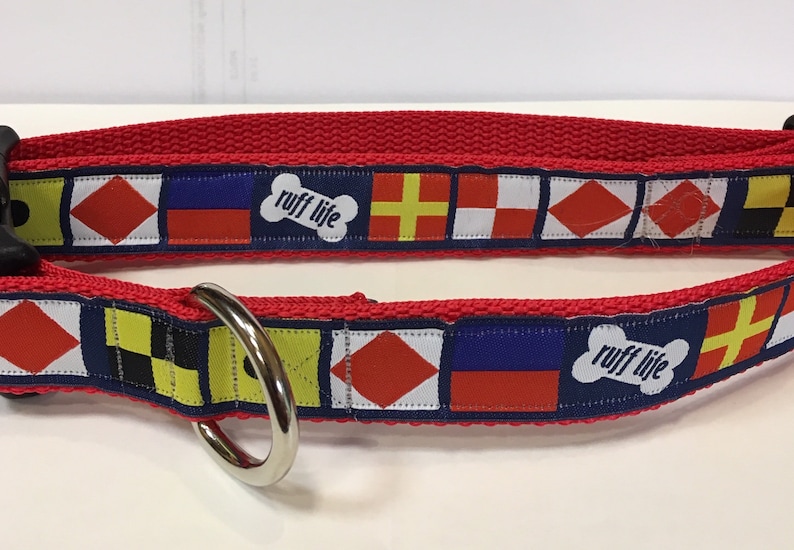 Ruff Life/'s Nautical heavy duty dog collar with Jacquard ribbon and heavy red polypropylene webbing