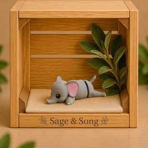 May include: A small gray elephant figurine with pink inner ears lying on a beige fabric base inside a light-colored wooden crate. The front of the crate is engraved with the text Sage & Song, flanked by small leaf icons, and a green plant sprig.