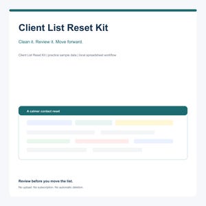 Könnte beinhalten: Ein digitales Dokument mit dem Titel Client List Reset Kit und dem Untertitel Clean it. Review it. Move forward. Es enthält einen Abschnitt namens A calmer contact reset mit Reihen von pastellfarbenen rechteckigen Datenfeldern.