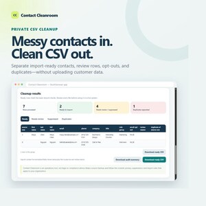 Puede incluir: Una interfaz digital para Contact Cleanroom que muestra los resultados de limpieza de archivos CSV. La pantalla presenta métricas de filas procesadas, contactos listos para importar, elementos pendientes de revisión y duplicados.