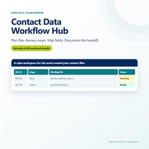 Könnte beinhalten: Eine digitale Contact Data Workflow Hub Vorlage mit einer dunkelblauen Kopfzeile und dem Text A calm workspace for the work around your contact files. Darunter befindet sich eine Tabelle mit Spalten für File ID, Stage, Working file und Status.