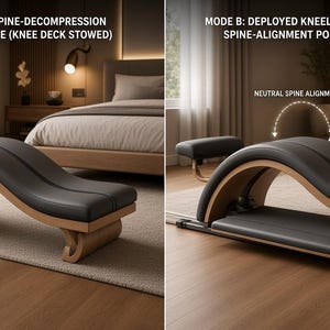 May include: A curved wooden and black leather posture bench shown in two configurations. Mode A shows a yoga spine-decompression and backend chaise with the knee deck stowed. Mode B shows a deployed kneeling and partner spine-alignment posture bench with a neutral spine alignment axis indicator.