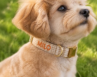 Personalized Dog Collar Plaid, Embroidered Name Pet Collar, Custom Gingham Puppy Collar, Adjustable Gold Buckle Collar, Gift for Dogs
