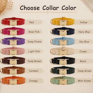 May include: A collection of fourteen pet collars with gold-toned metal buckles, arranged in two columns. Each collar is a different solid colour, labelled with text including Red, Rose Pink, Deep Purple, Light Pink, Deep Brown, Caramel, Orange, Yellow, Navy Blue, Sky Blue, Cream, Black, Deep Green, and Mint Green. The header text reads Choose Collar Colour.