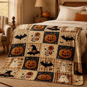 Op de afbeelding: Een patchwork quilt met een herhalend patroon van geappliqueerde Halloween-motieven, waaronder oranje pompoenen, witte spoken, zwarte vleermuizen, zwarte heksenhoeden en bruine bloemen op afwisselende zwarte en beige ruitjesstof vierkanten.