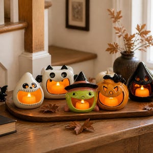 Może przedstawiać: Zestaw pięciu ceramicznych świeczników na tealighty z motywem Halloween w kształcie ducha, nietoperza, zielonej czarownicy, dyni i czarnej spiczastej postaci, wszystkie z wyciętymi twarzami i świecącymi pomarańczowymi diodami LED w środku.