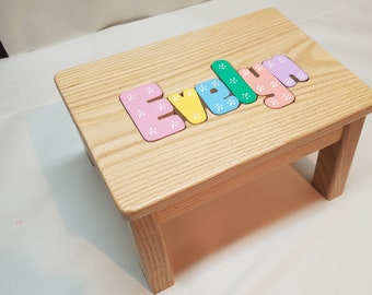 solid oak -wood name personalized puzzle step stool- MEDIUM PASTEL LETTERS