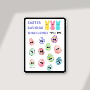 May include: A digital Easter savings challenge tracker featuring the text "EASTER SAVINGS CHALLENGE" and "TOTAL: $180". The design includes three colorful bunny icons and twelve decorated Easter eggs, each labeled with the amount of $15.